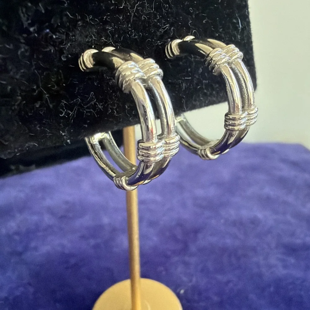 Vintage MCM Designer Signed CROWN TRIFARI Silver Tone Hoop Earrings